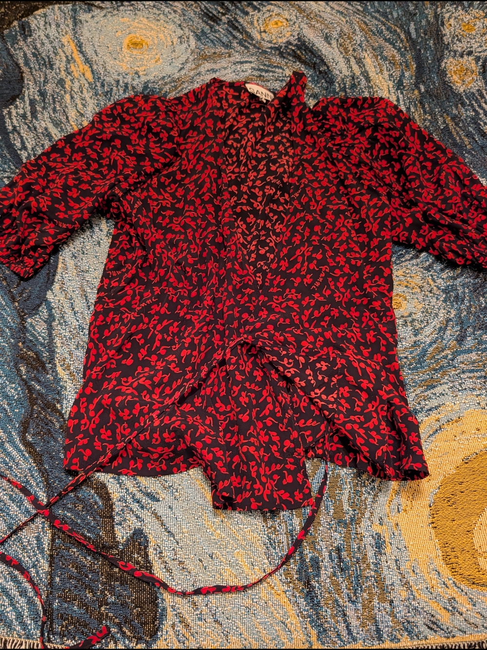 Red Ganni Floral Tie-Front Blouse